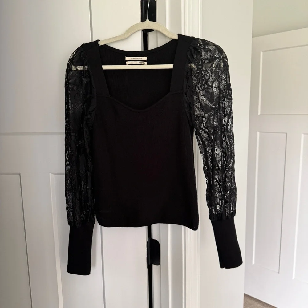 Anthropologie Black Lace-Sleeve Sweater‎ Ribbed Knit Top